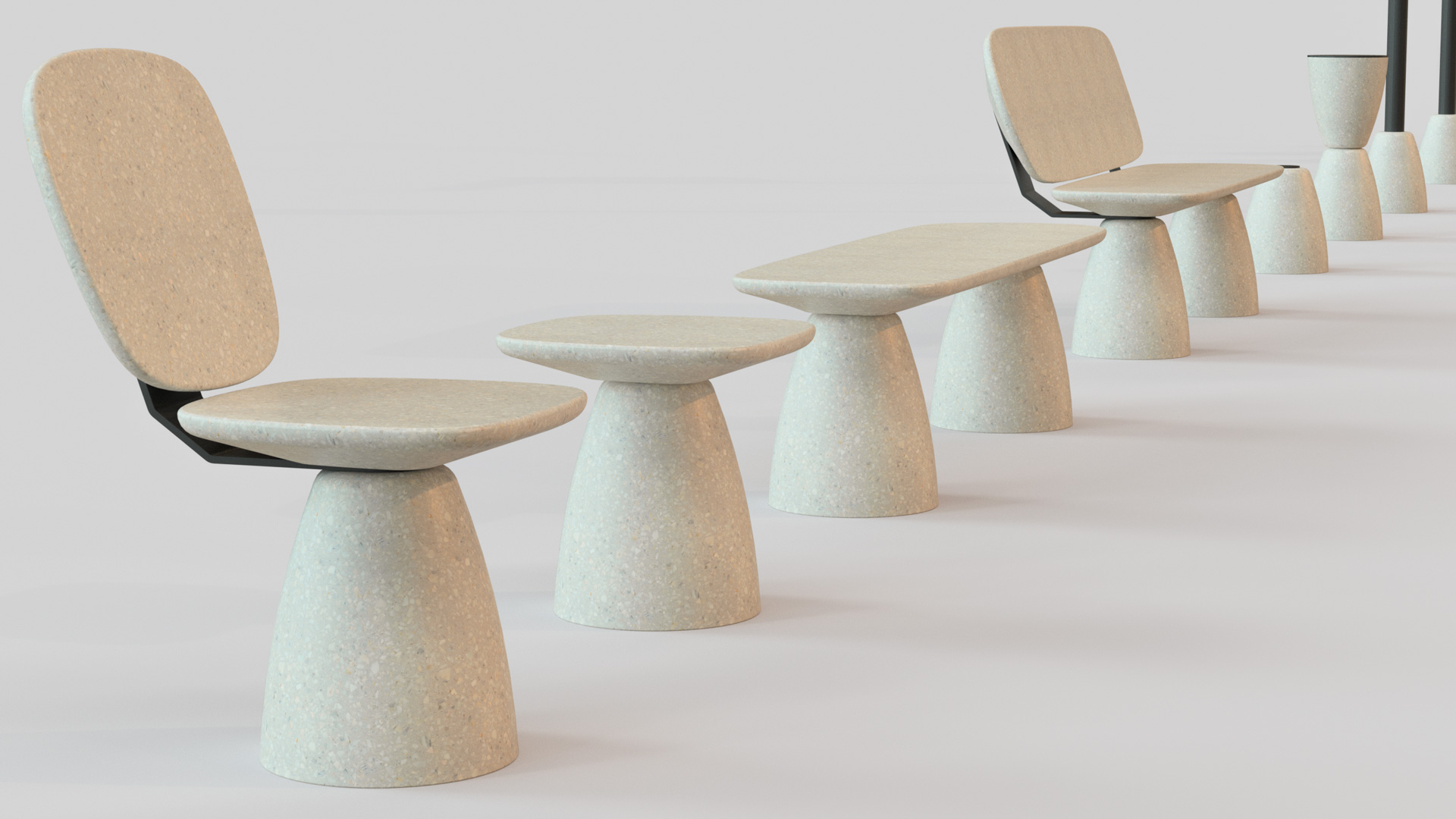 Colección de mobiliario urbano Stone Pebble, silla, banco, banca y banca con respaldo. De concreto polimérico.